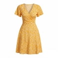 thumbnail image 5 of ClodeEU Women's V Neck Puff Sleeve Floral Mini Dress,Casual Wrap A Line Flare Sundress Yellow,Women's Plus L, 5 of 5