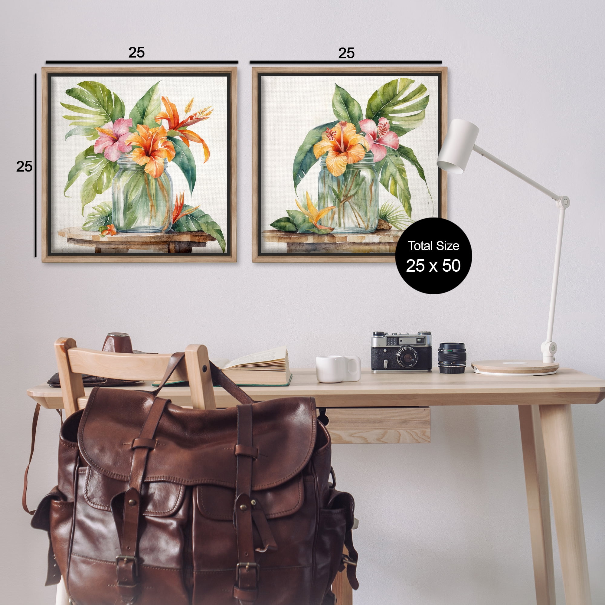 Stupell Industries Tropical Hibiscus Floral Jar Plants & Flowers Painting Brown Floater Framed Canvas Art Print Wall Art, 25 x 25, Set of 2