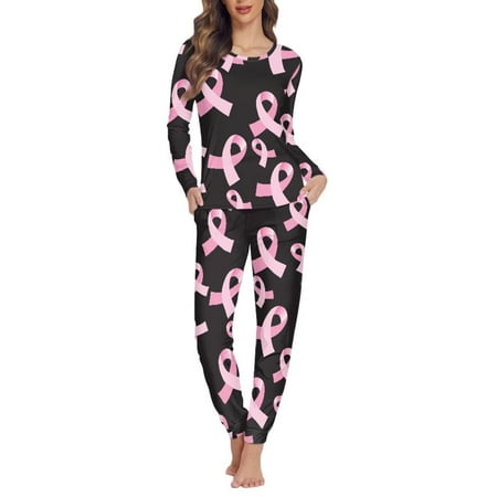 

NETILGEN Breast Cancer Awareness Theme Snug-Fit Pajamas for Women Set Long Pants Crew Neck Women Pjs Sets Cotton 2 Pcs Nightwear for Women Sleepwear