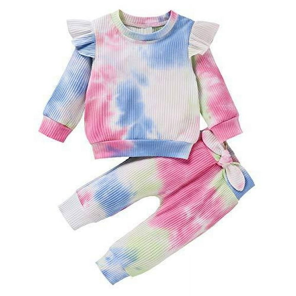Styles I Love Baby Toddler Girls Ribbed Tie Dye Long Sleeve Ruffle Top and Bowknot Pants 2pcs Cotton Outfit