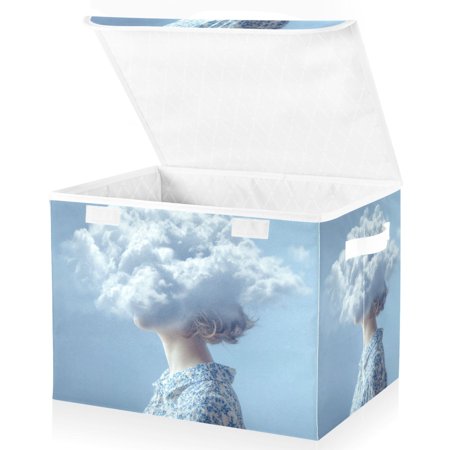 Foldable Fabric Storage Bin With Handle Collapsible Basket Box Storage With Lid Organizer Head in The Cloud