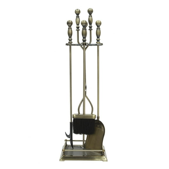 Minuteman International Oxford 5 Piece Fireplace Toolset, Antique Brass