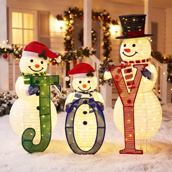 FOOWIN 3Pcs 3D Lighted Pop-Up Snowman Family Set, 4ft Outdoor Christmas Snowman Holiday Decoration