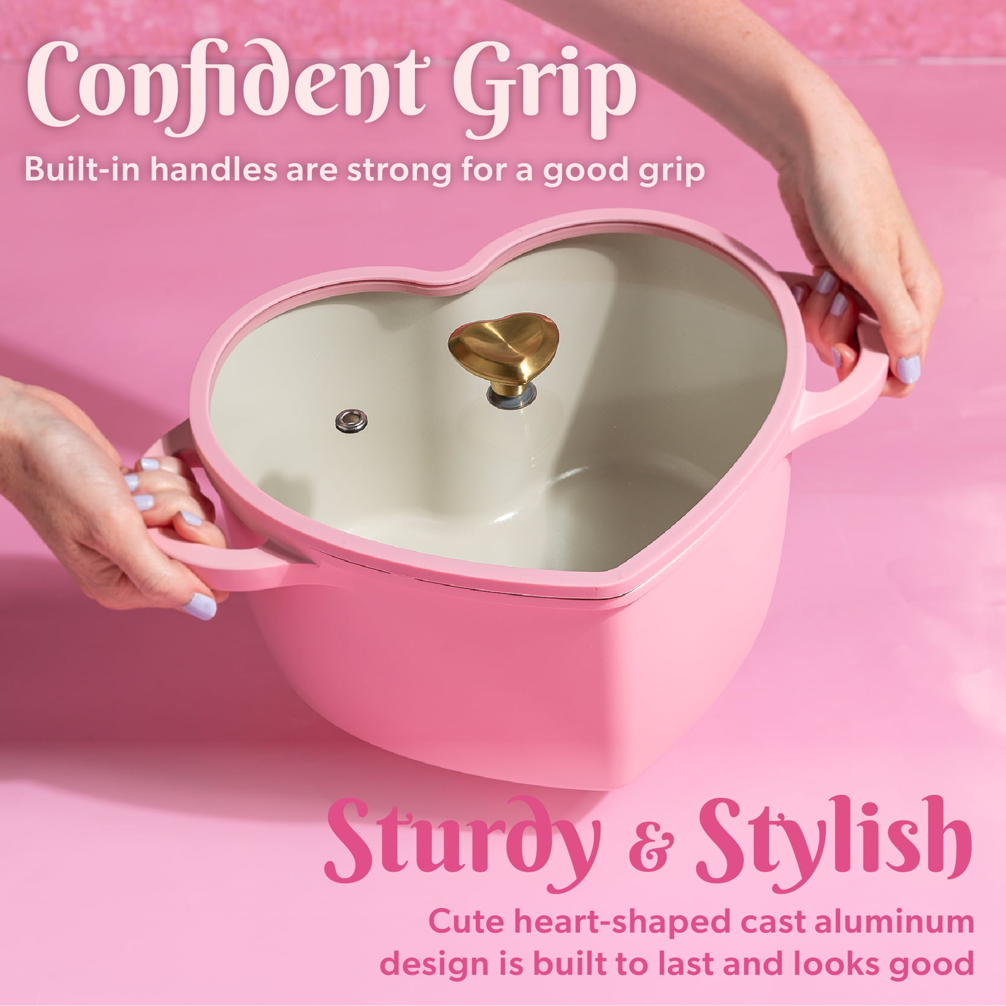Paris Hilton 4.6 Quart Heart-Shaped Dutch Oven Pot with Lid, Clean Ceramic™ Nonstick Coating & Silicone Rim Glass Lid, Pink