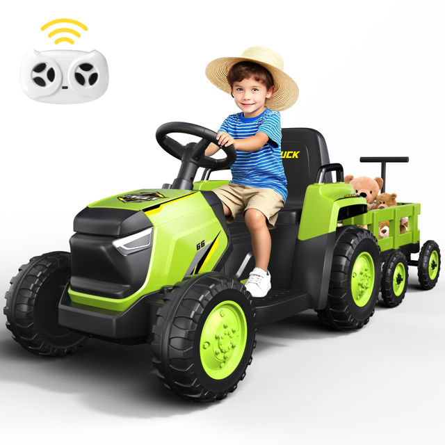 YunTopKids 12V Ride on Tractor with trailer, Up to 3.5Mph, Ride On Toys with Parental Remote, Realistic Tractor Sound & Chimney, Music Player, LED Light, Green