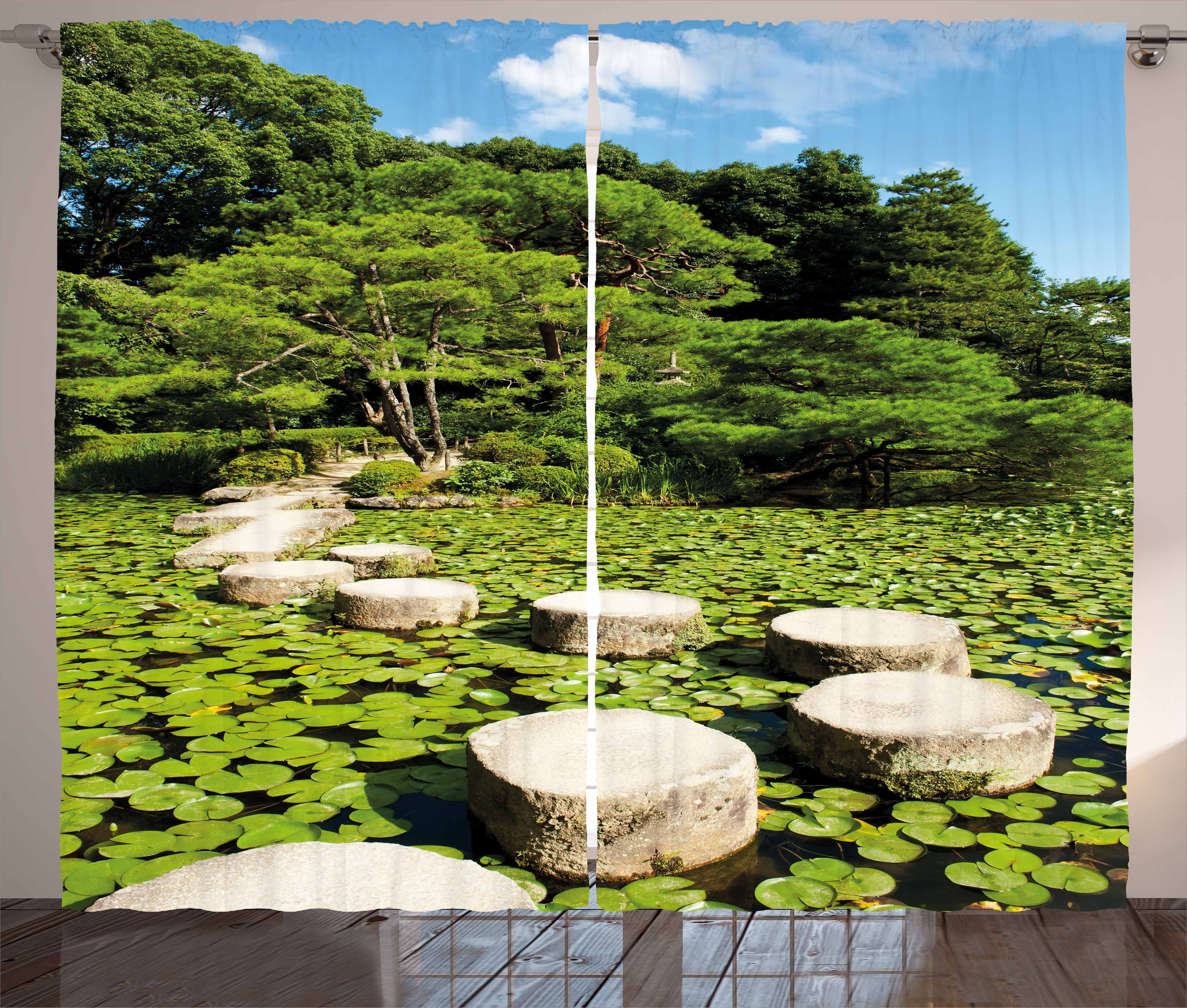 Zen Curtains 2 Panels Set, Stone Path in Japanese Garden Lake with