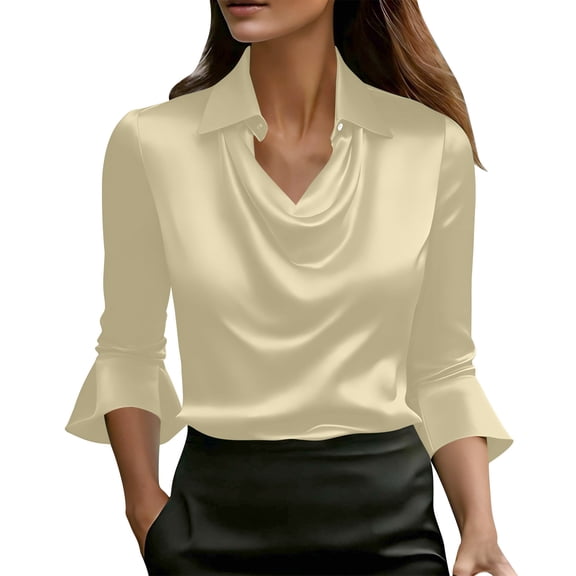 ZQGJB Womens Elegant Cowl Neck Satin Blouse Ruffled 3/4 Length Sleeve Collared T-Shirts Tops Dressy Business Casual Office Work Silk Shirt Fall Spring Outfits Beige XXL
