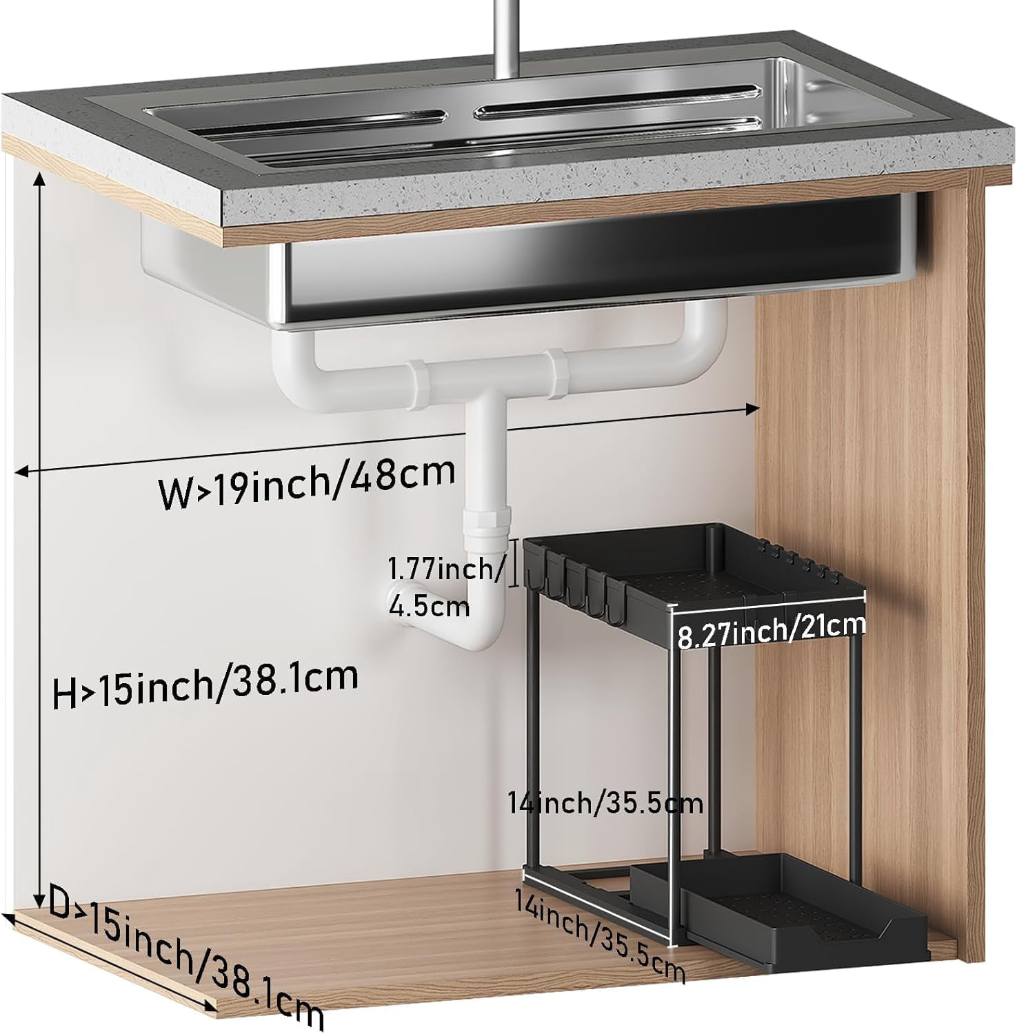 RGHJAR-2 Pack black Under Sink Organizers and Storage, 2-Tier Sliding Cabinet Basket Organizer with Hooks, Multi-Purpose Under Sink Organizers and Storage for Bathroom Kitchen