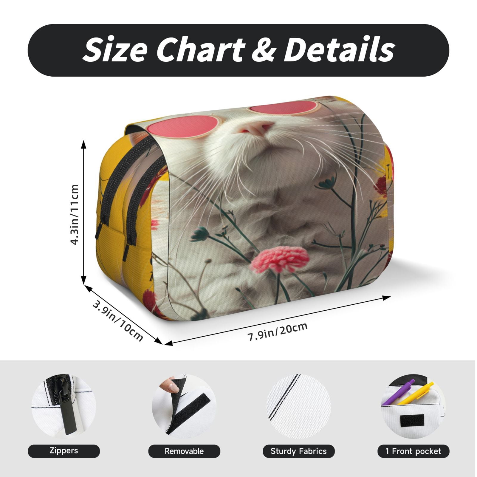 Rateoe Floral Sunglasses Cat Art Pattern Double Clamshell Pen Case, Storage Organizer with Two Zipper Compartments– Holds Up to 50 Pencils & Pens