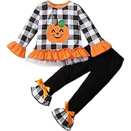 

1-6T Toddler Girl Halloween Clothes Set Plaid Pumpkin T-Shirts Tees Pullover Shirts Tops+Flare Pants Outfit Set