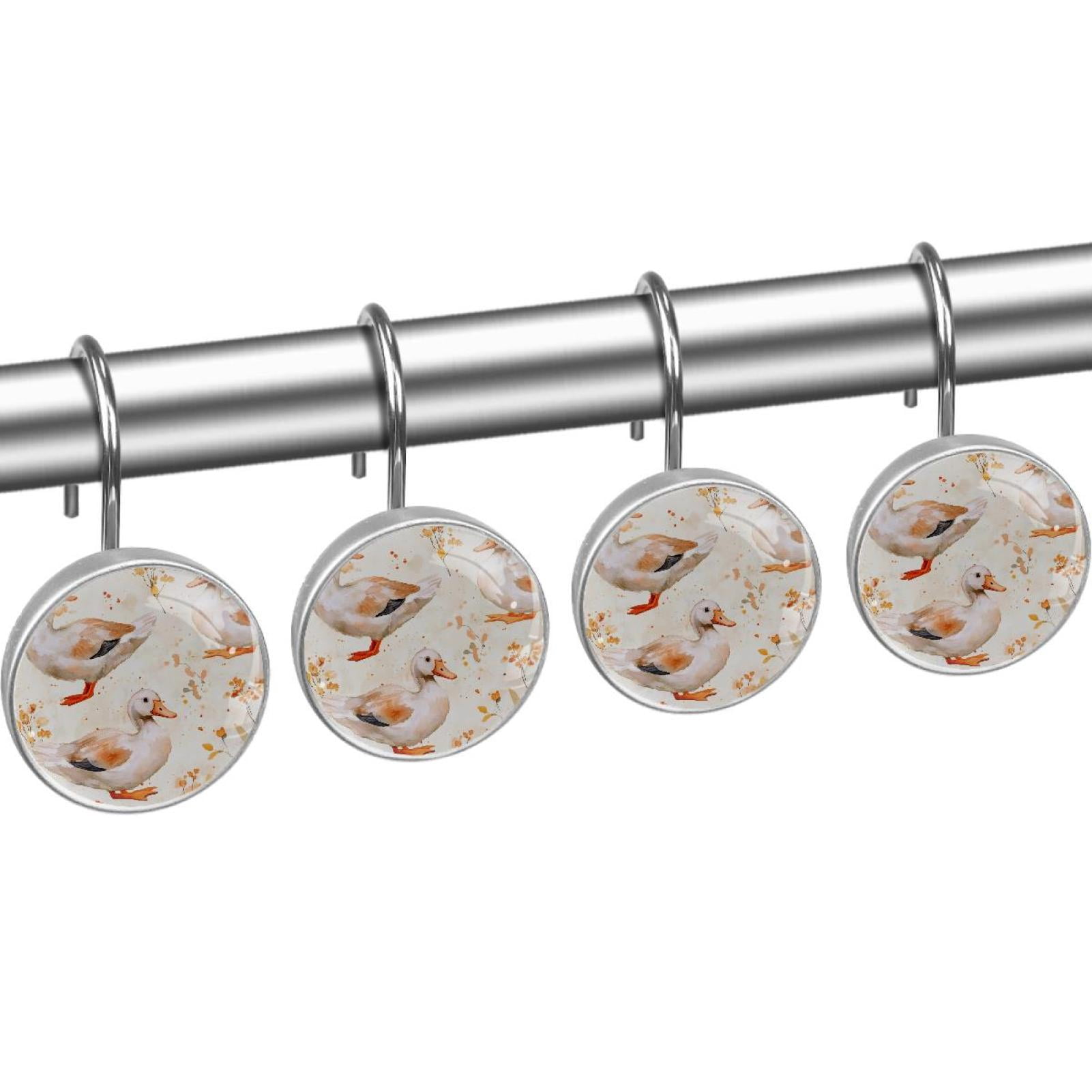 Watercolor Ducks Shower Curtain Hooks Round Crystal Glass, Set of 12 Shower Curtain Rings - Shower Hooks for Curtain Shower Rings