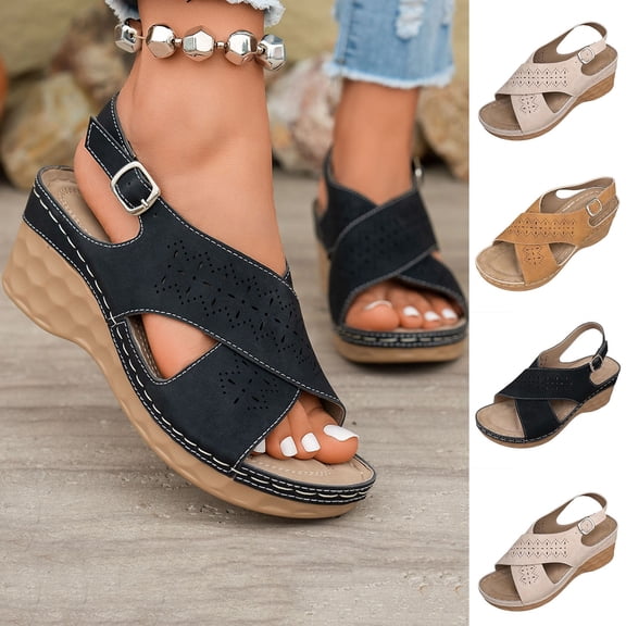 Miluxas Wedge Sandals for Women Dressy: Comfortable Criss Cross Sandals Women Open Toe Ankle Strap Walking Shoes Summer Brown 9.5(43)
