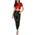 thumbnail image 2 of INSPIRE CHIC Women's Mock Neck Party Short Sleeve Metallic Crop Tops M Red, 2 of 6