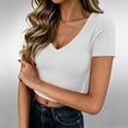 thumbnail image 2 of LIaqionyy Womens Crop Tops V Neck Ribbed Short Sleeve Summer Basic Tees Slim Shirts Casual Going out Outfits, 2 of 8