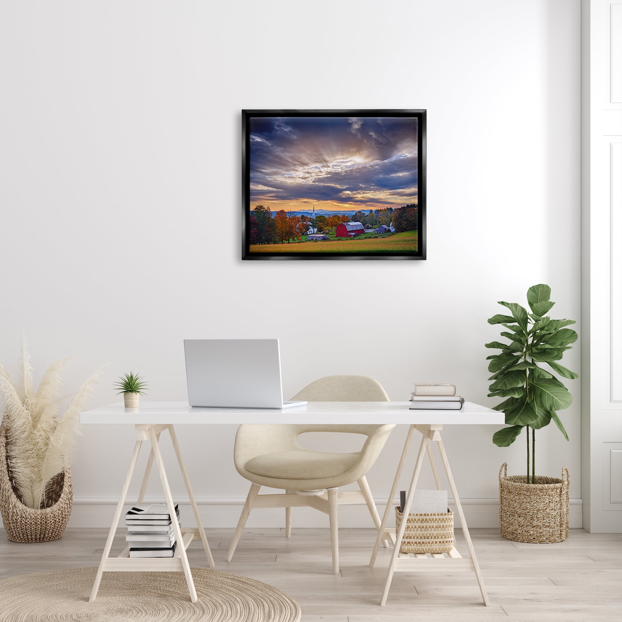 Stupell Rural Farm Pasture Sun Rays Landscape Photography Black Floater Framed Art Print Wall Art