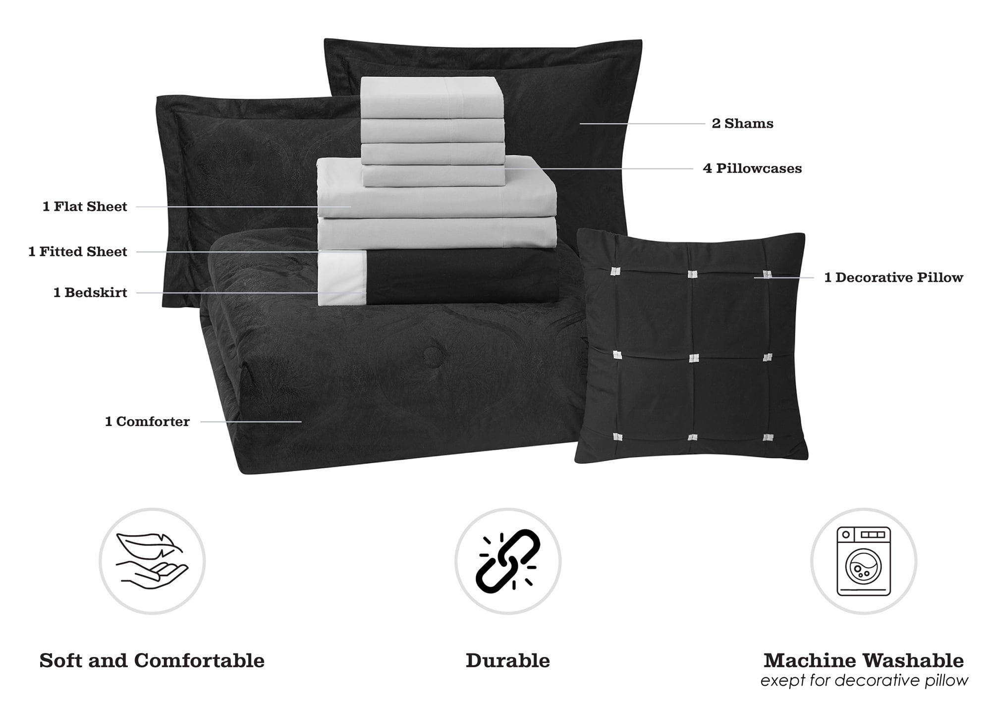 Mainstays 11-Piece Bed in a Bag Comforter Set with Sheets, Black Velvet, Double, MAINSTAYS PL MS11PC BNB BLKVEL D