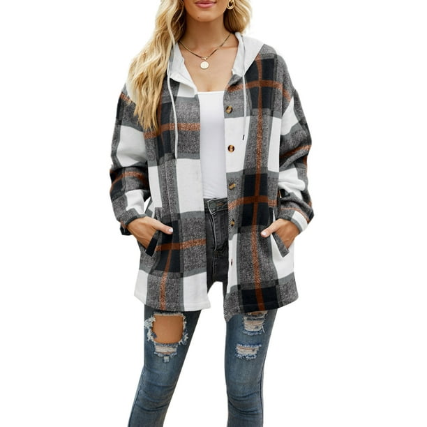 FOCUSNORM Women Flannel Jacket with Hood Fall Plaid Hooded Shacket Shirt Shacket Coat