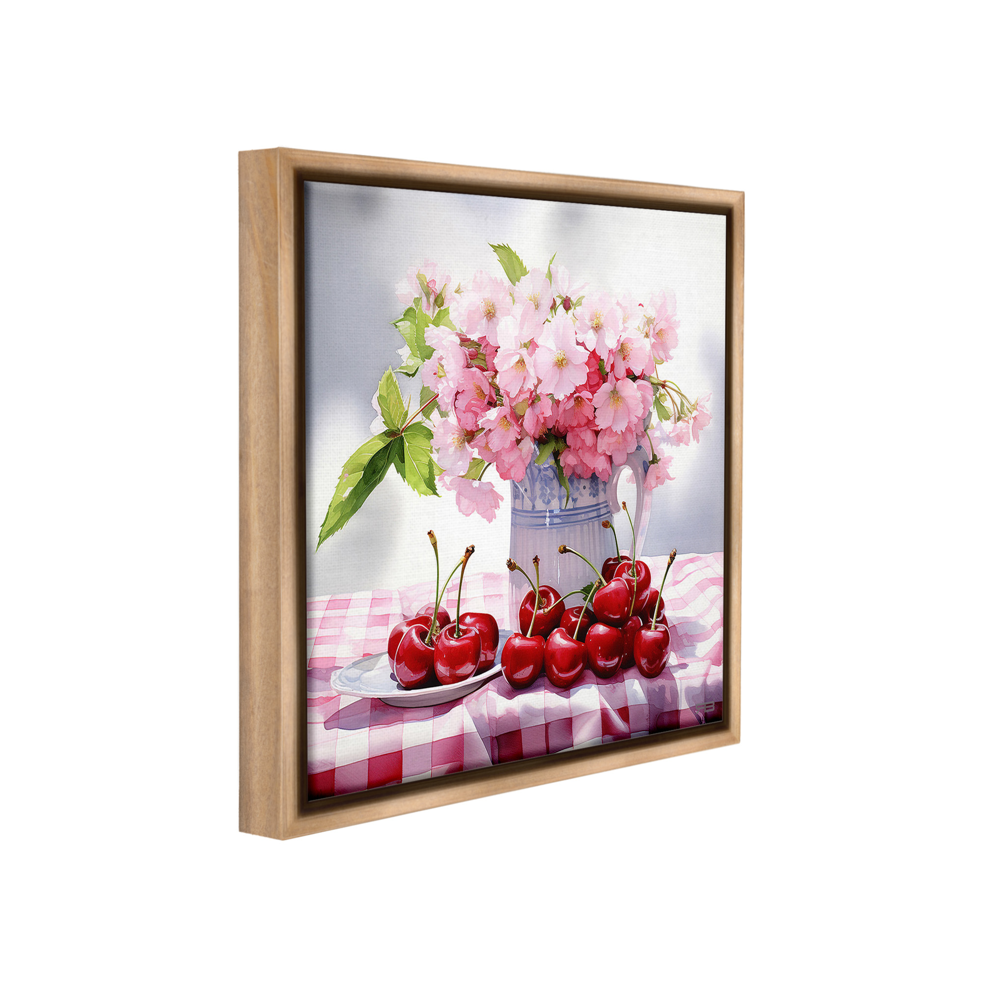 Stupell Industries Cherries & Blossoms Bouquet Botanical & Floral Painting Brown Floater Framed Canvas Art Print Wall Art, 18 x 18