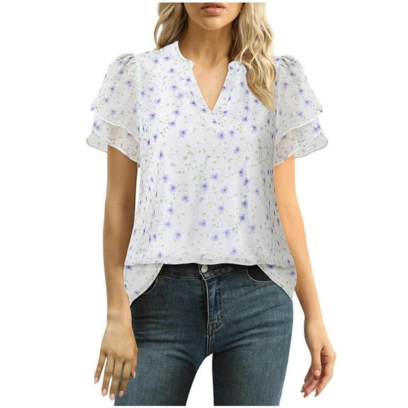 Luxalzxs Dressy Tops for Women Chiffon Business Blouses Summer Puff Petal Short Sleeve V Neck Casual Work Tops Shirts Trendy Boho Floral Loose Fit Flowy Tee