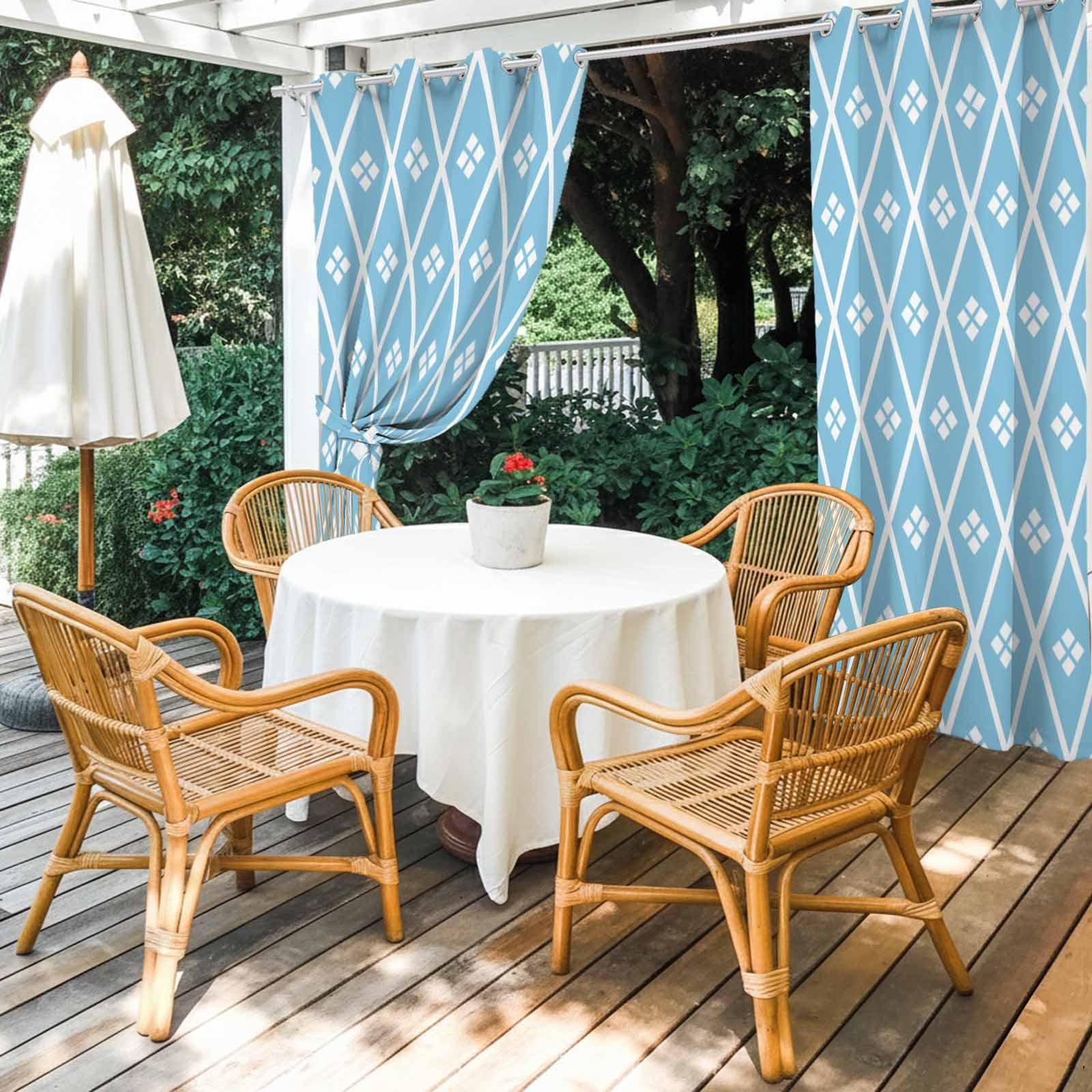 Blue and White Geometric Outdoor Curtains for Patio, Minimalist Argyle Checkered Modern Sunshade Privacy Drapes Grommet Waterproof Outside Curtains for Porch/Cabana/Balcony 54"x 108", 2 Panel