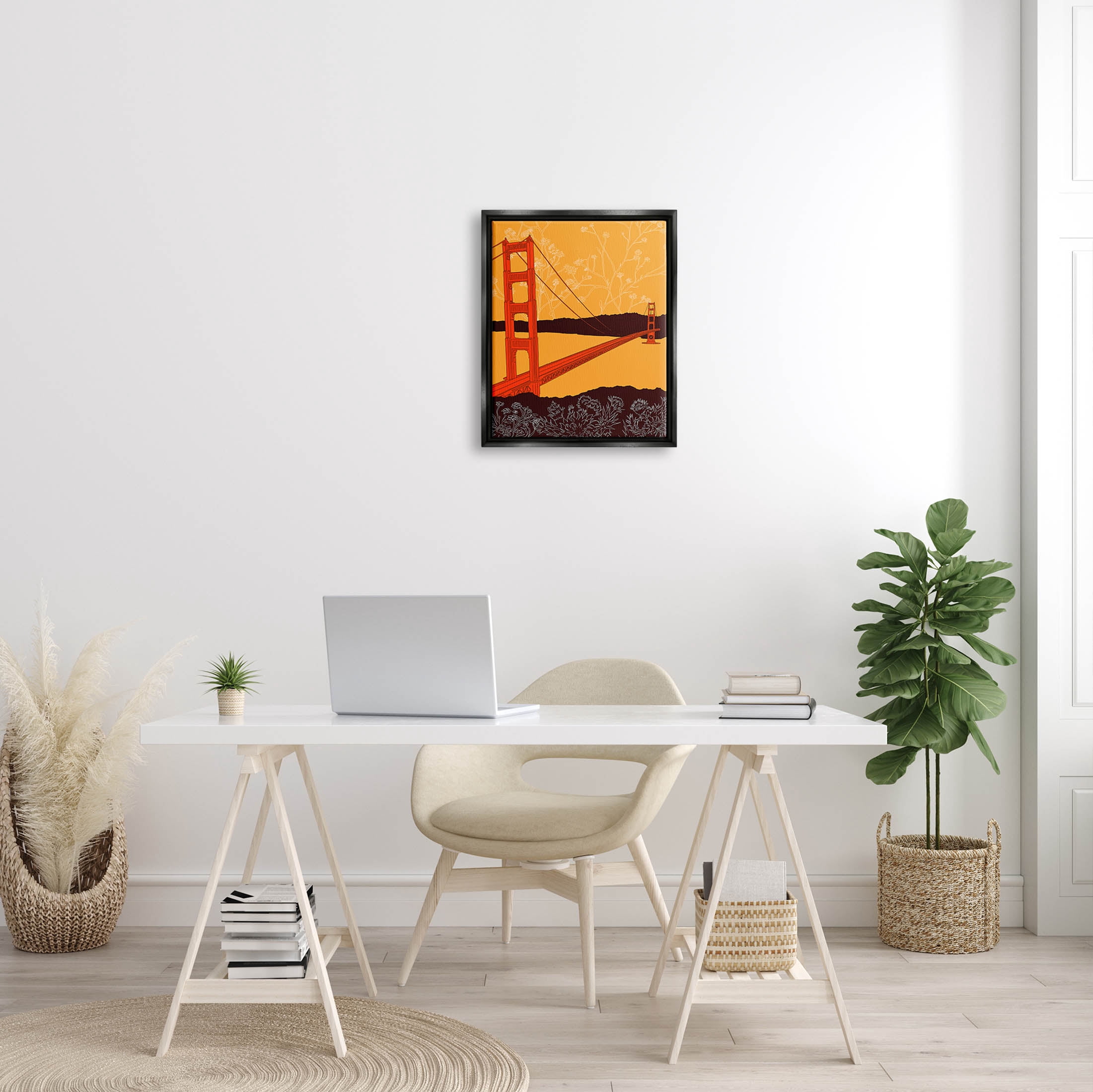 Stupell Industries Floral Pattern Water Bridge Graphic Art Jet Black Floating Framed Canvas Print Wall Art, Design by Shane Donahue
