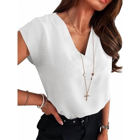 ANRABESS Women Tops Cap Sleeve Dressy Casual V Neck Shirts 2026 Summer Business Work Blouses Outfits Trendy Spring Clothing White Medium