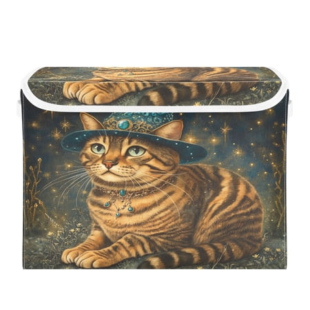 WOBOGO Chubby Bengal Cat Large Collapsible Storage Box Flip Lid Fabric Decorative Organizer Container Basket with Handles 16.5×12.6×11.8in