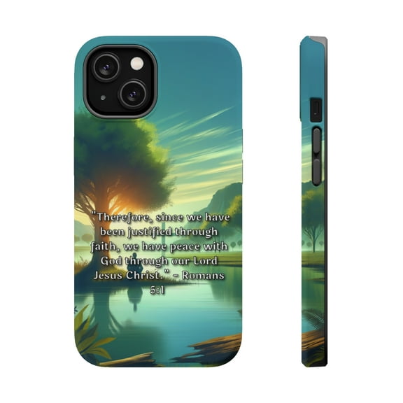 DistinctInk Tough Case for Apple iPhone 13 (6.1" Screen), Compatible with MagSafe Charging - "Finding Peace with God: Romans 5:1 Bible Verse Summary"