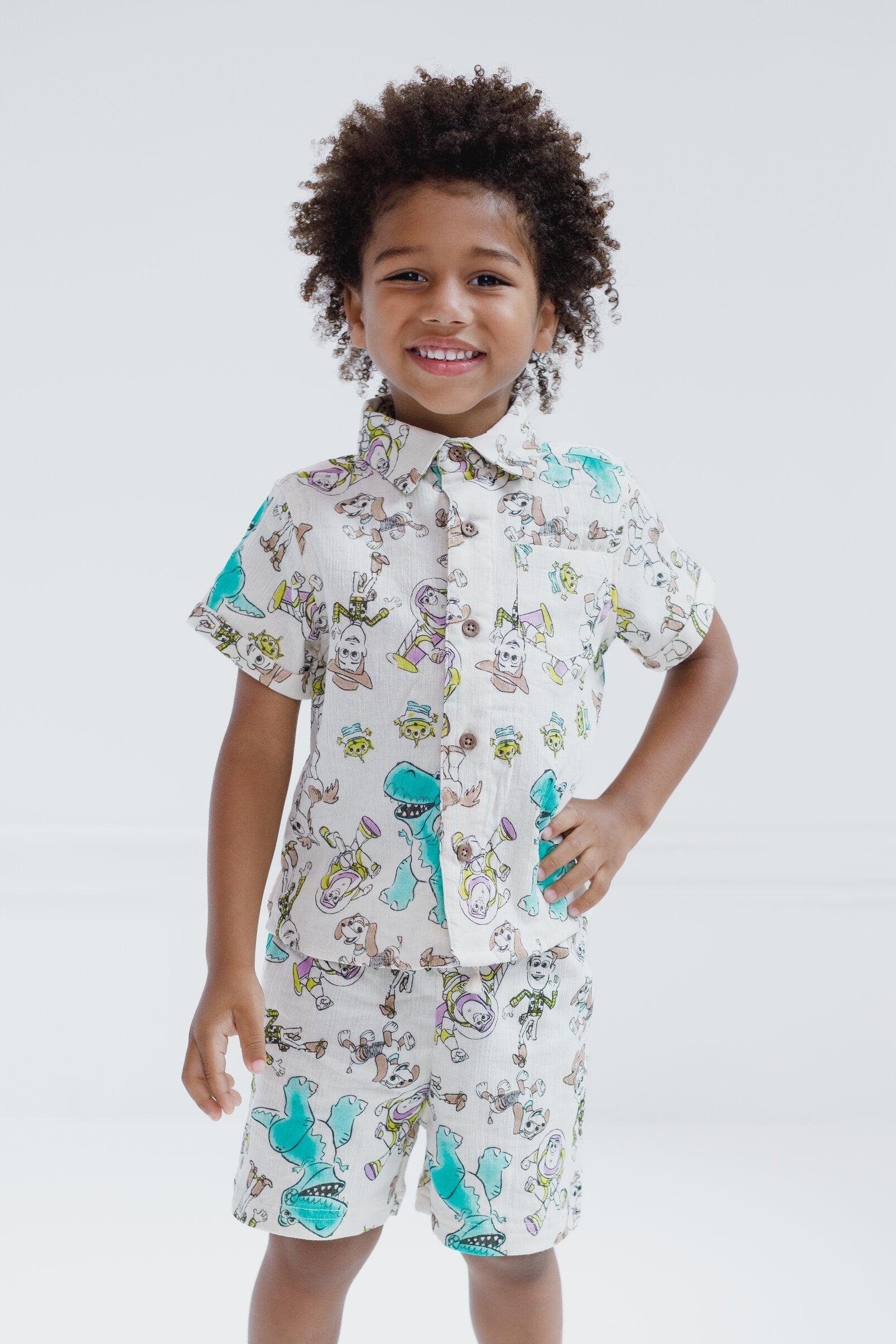 Disney Toy Story Woody Buzz Lightyear Slinky Dog Cotton Gauze Matching Family Button Down Shirt Shorts Outfit Set Infant to Little Kid