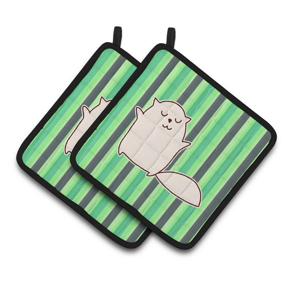 Caroline's Treasures Cat Green Stripes Pair of Pot Holders