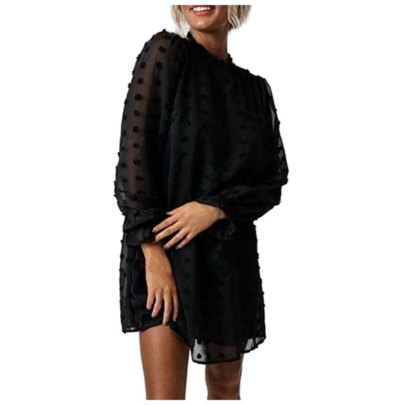 Women's Autumn Winter New Style Bubble Long Sleeve Lace Collar Dress, Black, Size XXL