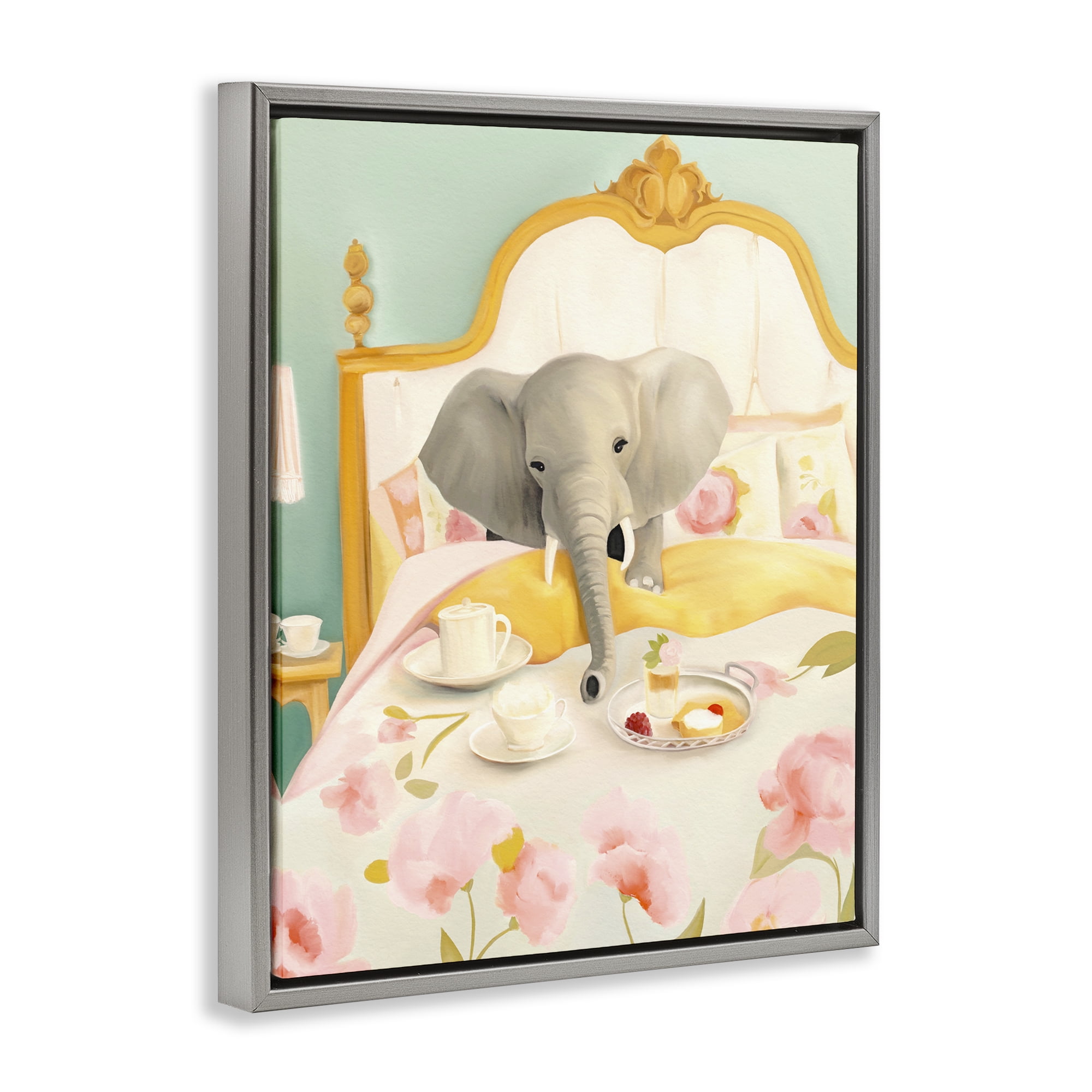Breakfast in Bed Elephant Gray Framed Floater Canvas Wall Art, design by Leah Straatsma