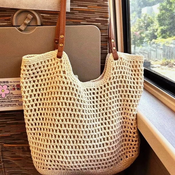 Bolso tejido de paja 2024, bolso retro literario tejido a mano, bolso informal de algodón para mujer, bolso de hombro para vacaciones en la playa, bolso de mano