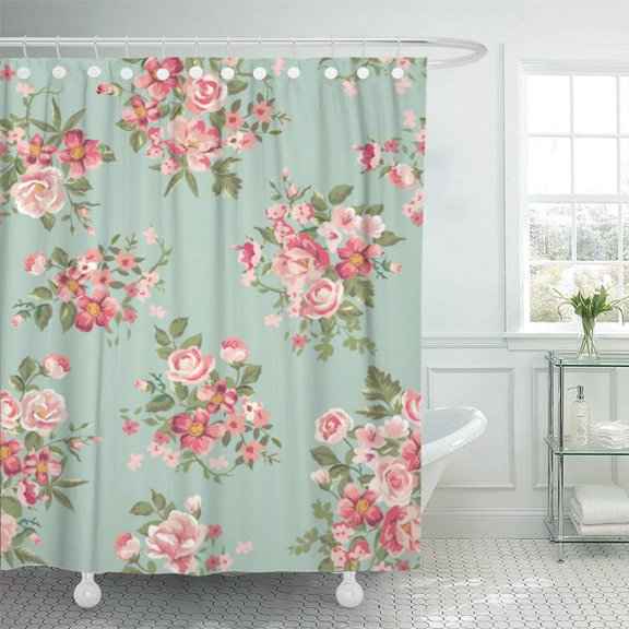 PKNMT Blue Romantic Vintage Floral Flower Colorful Rose Pretty Arrangement Leaf Painting Shower Curtain Bath Curtain 66x72 inch