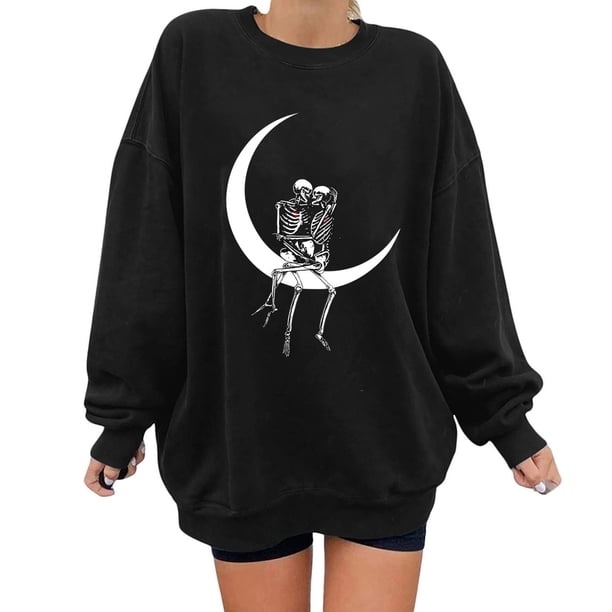 Blusa de manga larga suelta con cuello redondo y estampado de Halloween para mujer Pompotops FGAJ19418