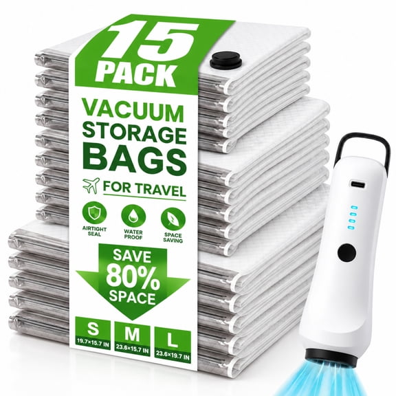 Vacuum Storage Bags for Travel with Rechargeable Pump, 15 Pack, Vacuum Storage Bags with Electric Pump Reusable Shrink Bags