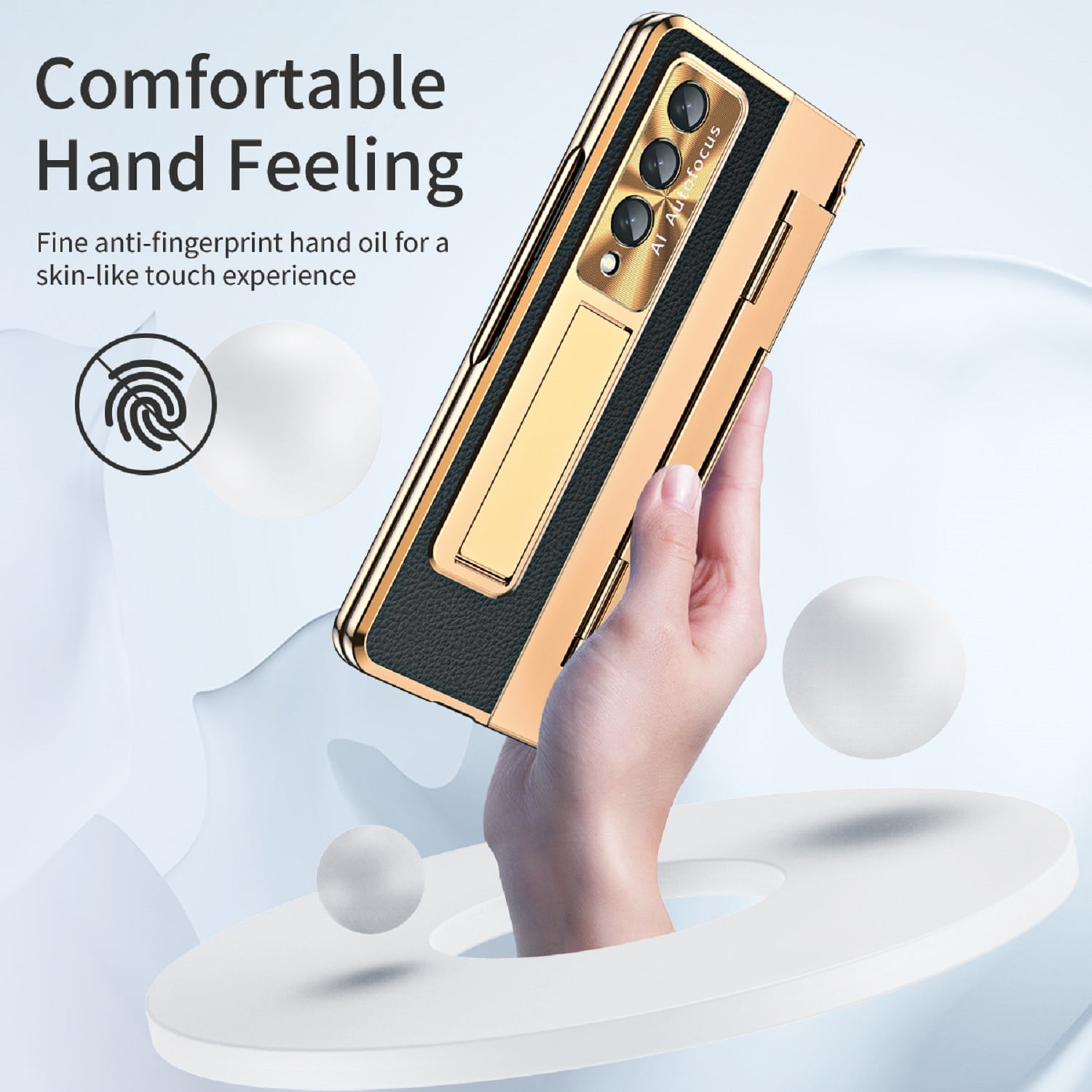 TECH CIRCLE Galaxy Z Fold 3 Case, Ultra-Thin Luxury PU Leather Hard PC Kickstand Anti-Scratch Shockproof Hinge Protection Case Support Wireless Charging for Samsung Galaxy Z Fold 3 5G, Gold+Black