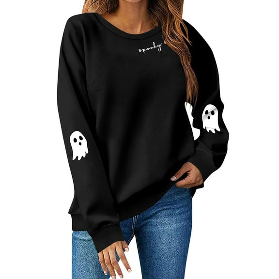 BOMYJESK Womens Halloween Sweatshirt Cute Graphic Spooky Season Pullover Shirts Fashion Crewneck Long Sleeve Sweatshirts 2025 Fall Trendy Tees Tops Black L