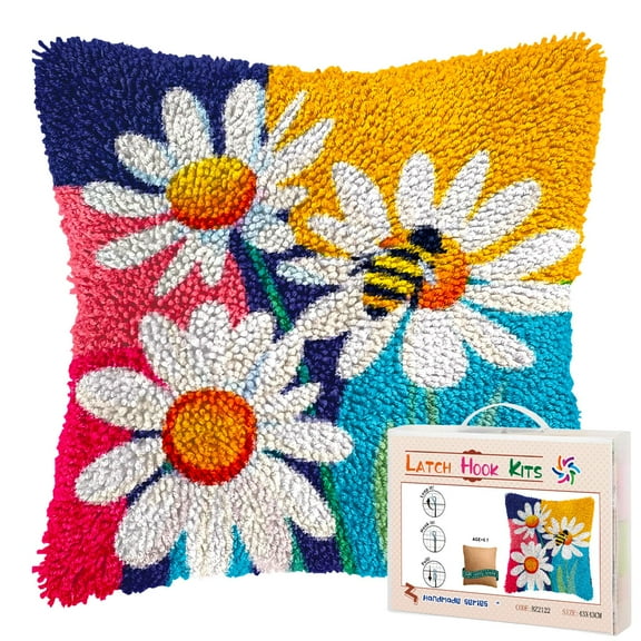 White Daisy Flower and Bee DIY Latch Hook Pillow Kits for Adults Printed Pillowcase Crochet Yarns Hooking Handmade Pillow Cover Cushion for Home Sofa Decoration 17x17inch
