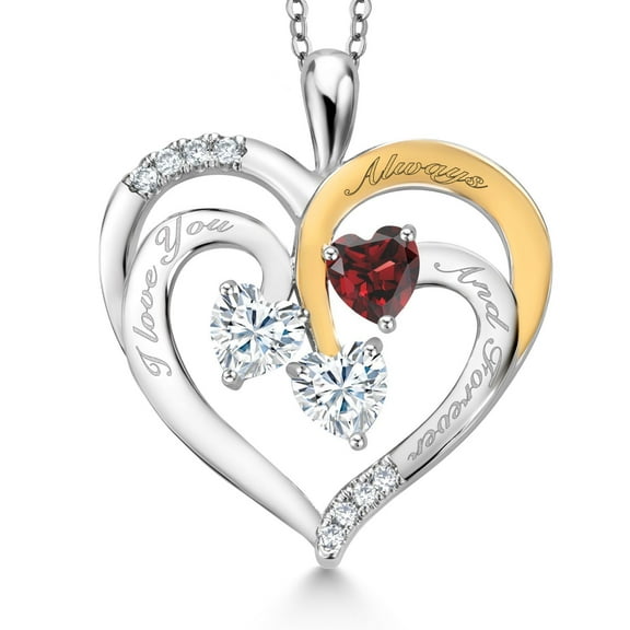 Gem Stone King Two Tone White Moissanite and Red Garnet `I love you always and forever` Engraved Pendant Necklace for Women (1.44 cttw, Heart Shape 5MM, 18 inch Chain)