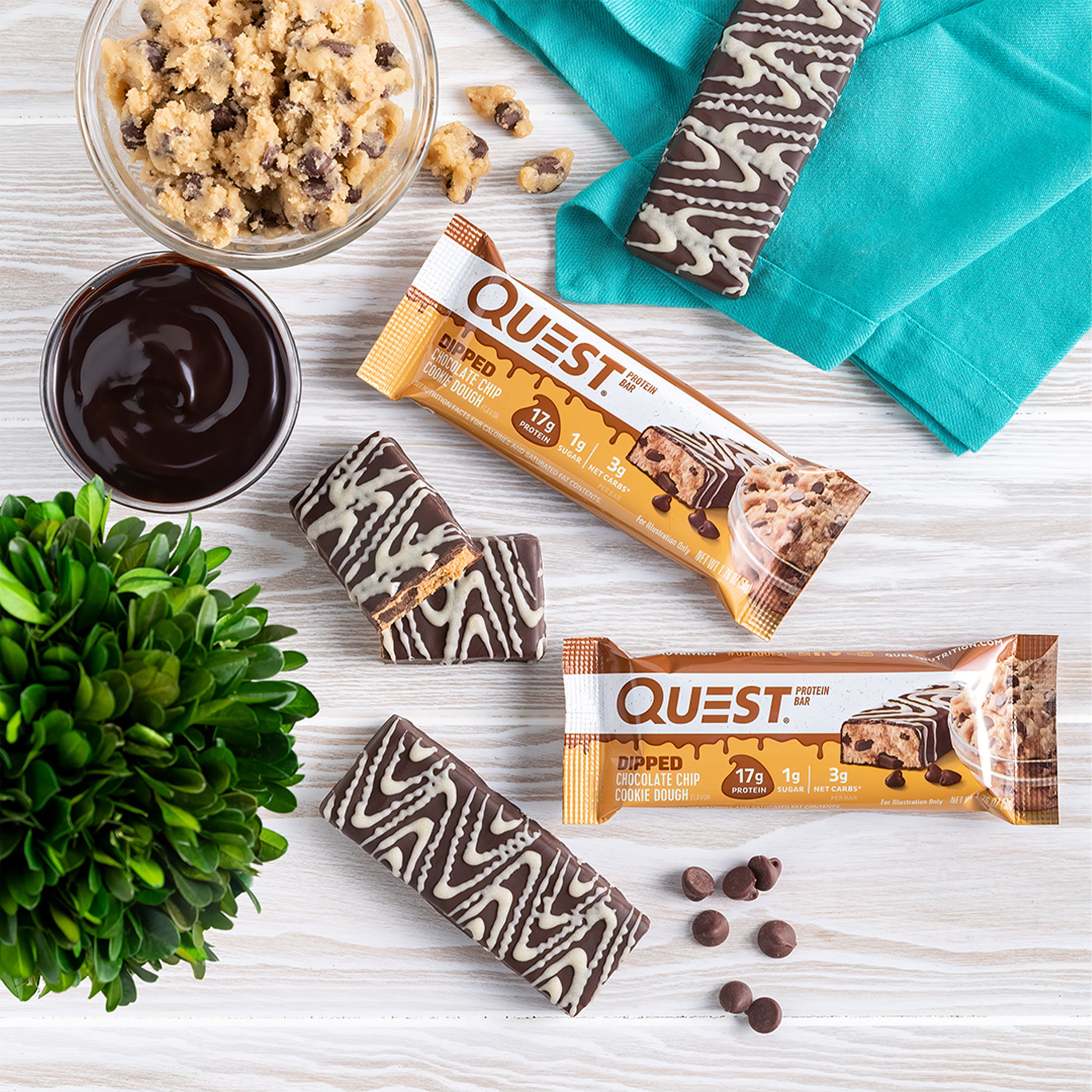 Quest Dipped Protein Bar, Chocolate Chip Cookie Dough, 18g Protein, Gluten Free, 12 Count