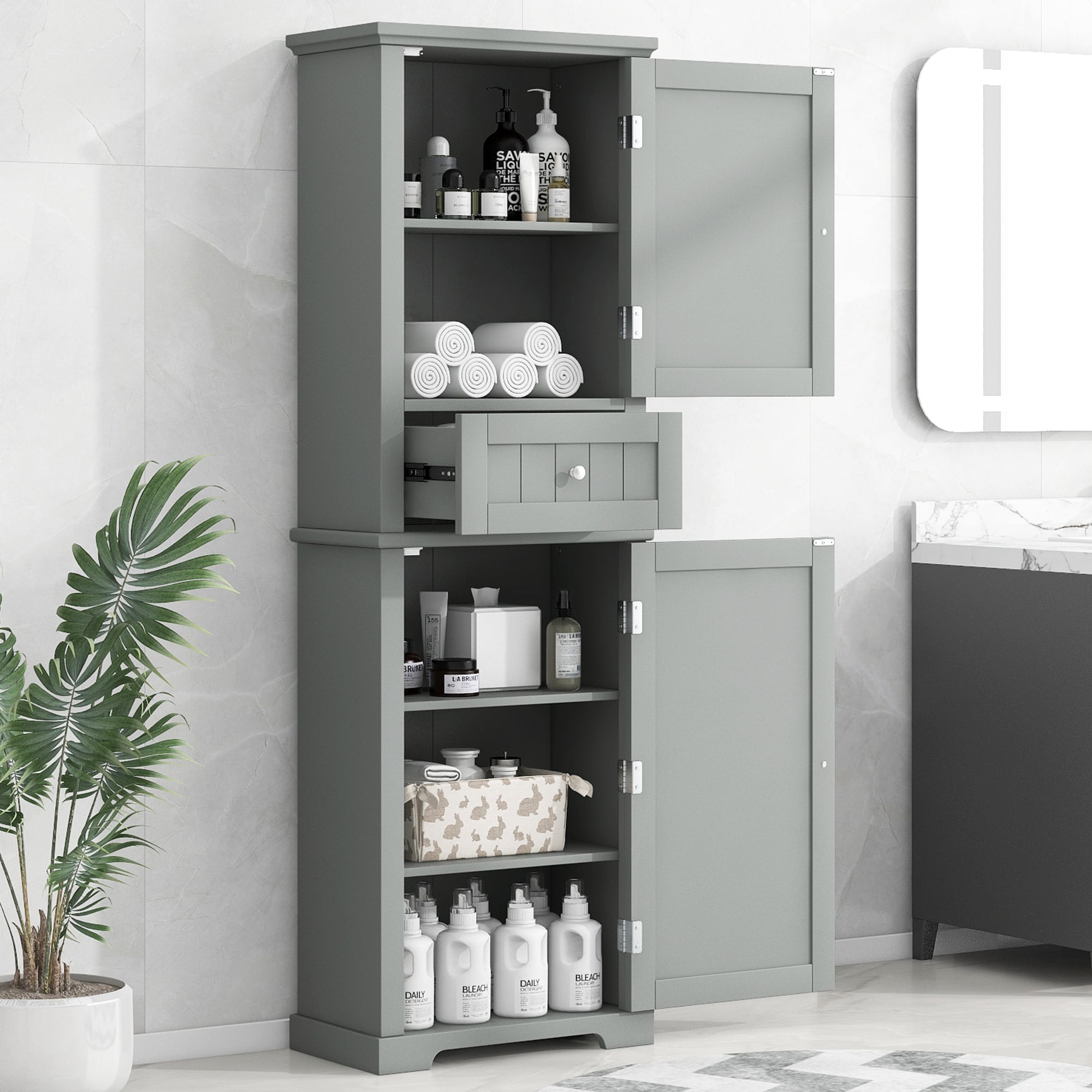 Tall Bathroom Storage Cabinet with Drawer and Adjustable Shelf, MDF, Grey