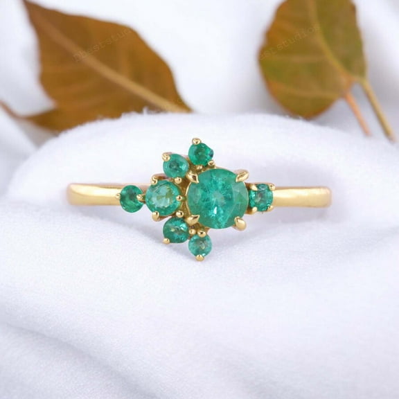 Natural Green Emerald Promise Ring Bridal Cluster Statement Ring Yellow Gold Customized Jewelry Birthday Anniversary Gift For Love