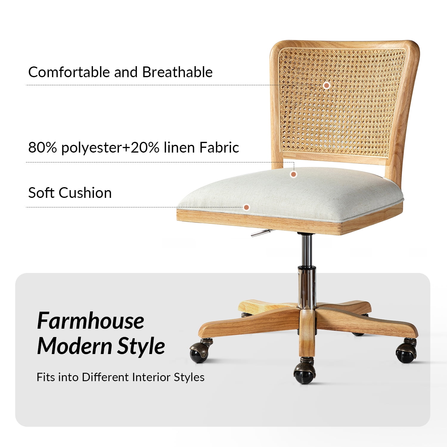 Swivel Office Chair Wooden Rattan Back Adult Task Chair Living Office Room, Beige