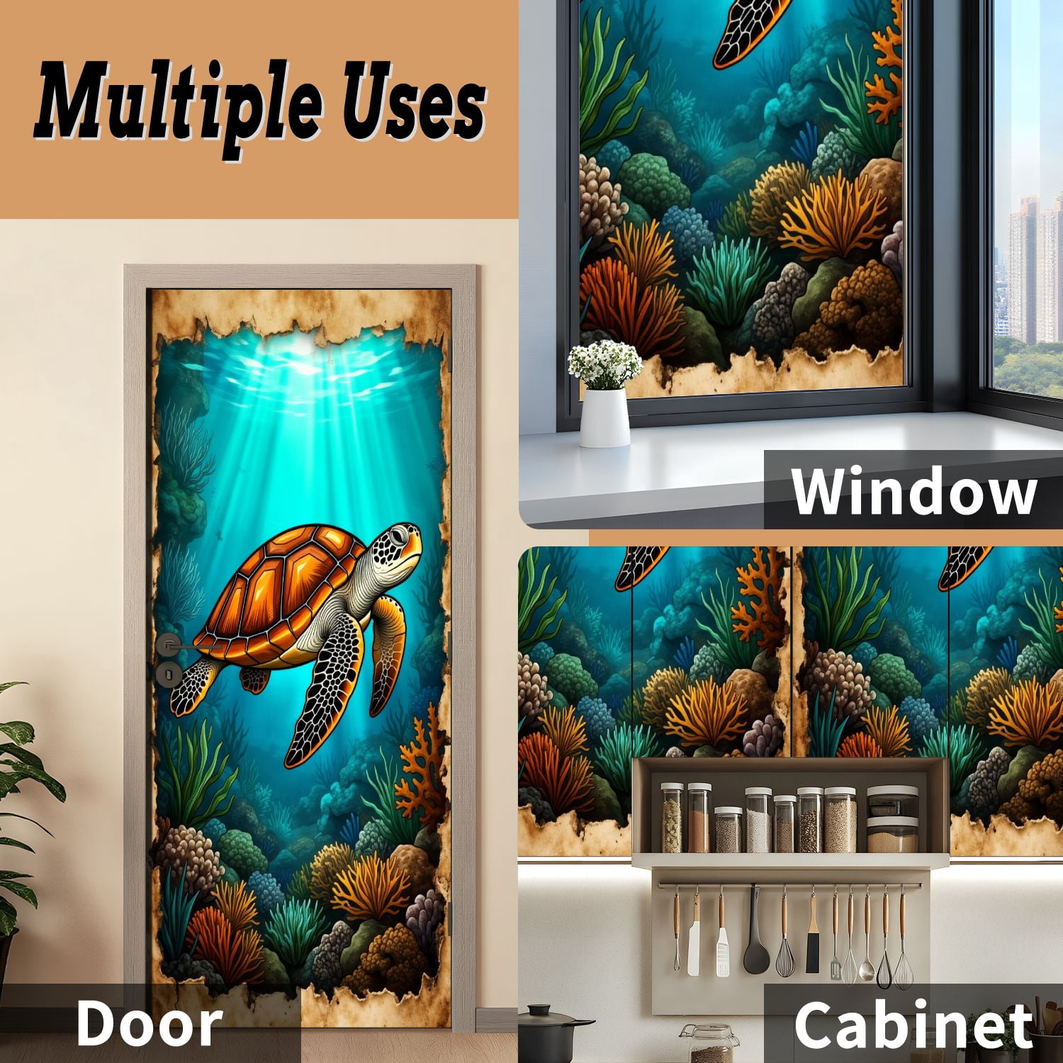 Self Adhesive Vinyl Refrigerator Wrap Set Intricate Sea Turtle Sketch Vintage Parchment Door Mural Removable Fridge Sticker Peel and Stick&nbsp;Full Door Cover Decal Kitchen Bar Decor