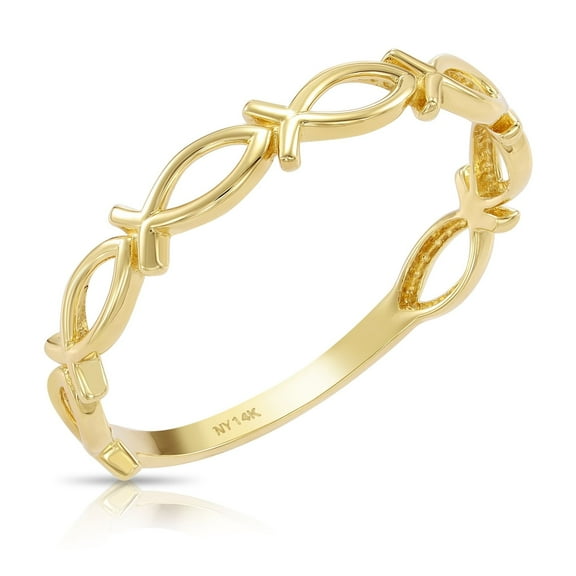 Tilo Jewelry 14K Yellow Gold Dainty Ichthus Fish Link Style Religious Band Ring | Size 5 | Minimalist Everyday Ring for Women & Unisex