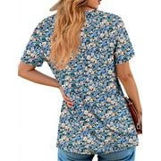 Fantaslook Women Tunic Tops Casual Henley Short Sleeve Shirts Floral Blouses Loose Summer Tops