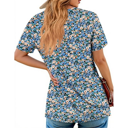 Fantaslook Women Tunic Tops Casual Henley Short Sleeve Shirts Floral Blouses Loose Summer Tops