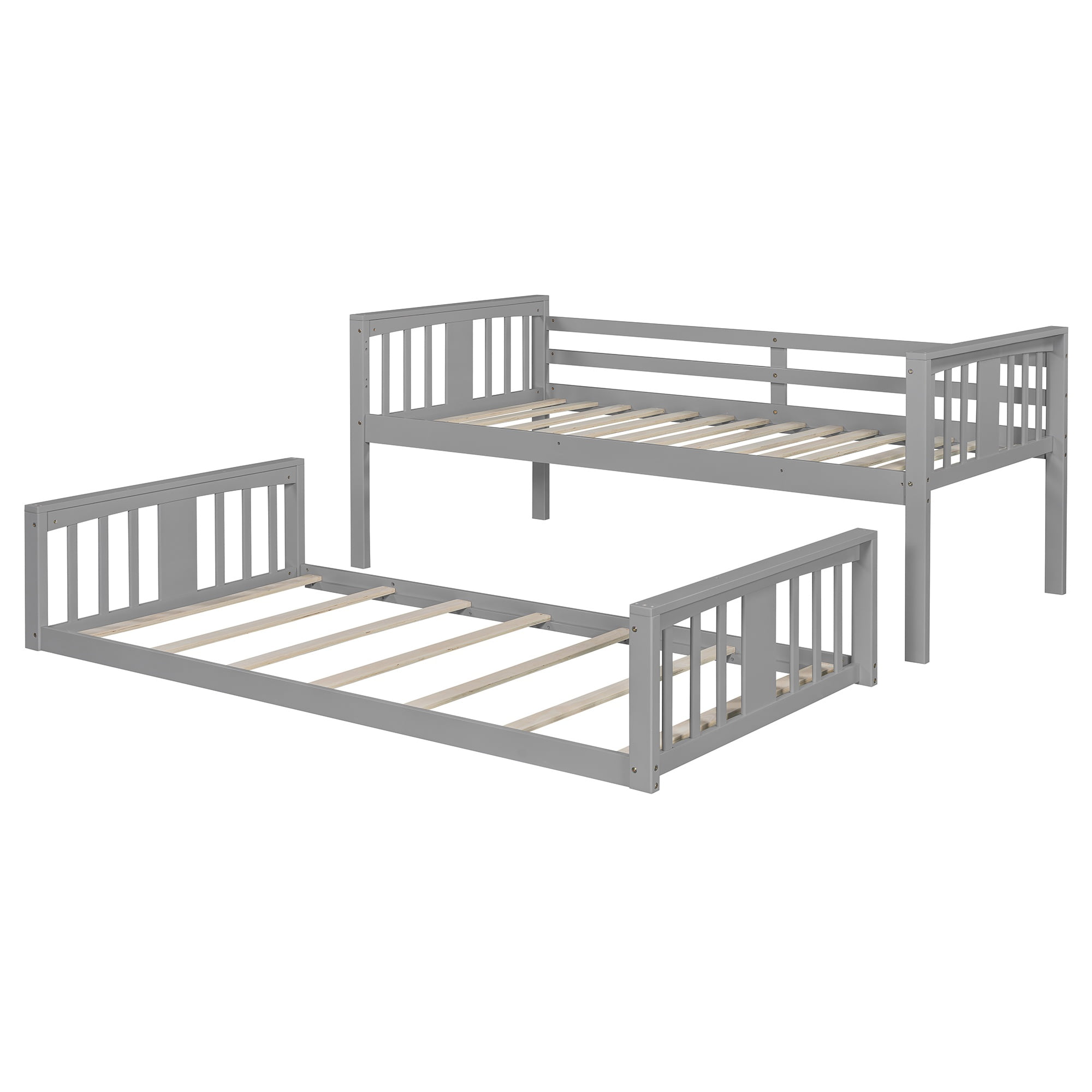 PORKISS Low Bunk Beds for Kids, New Upgraded Twin Over Twin Floor Bunk Bed with Ladder, Modern Bedroom Furniture Wood Bunk Bed for Boys Girls Teens, Easy Assembly, Gray