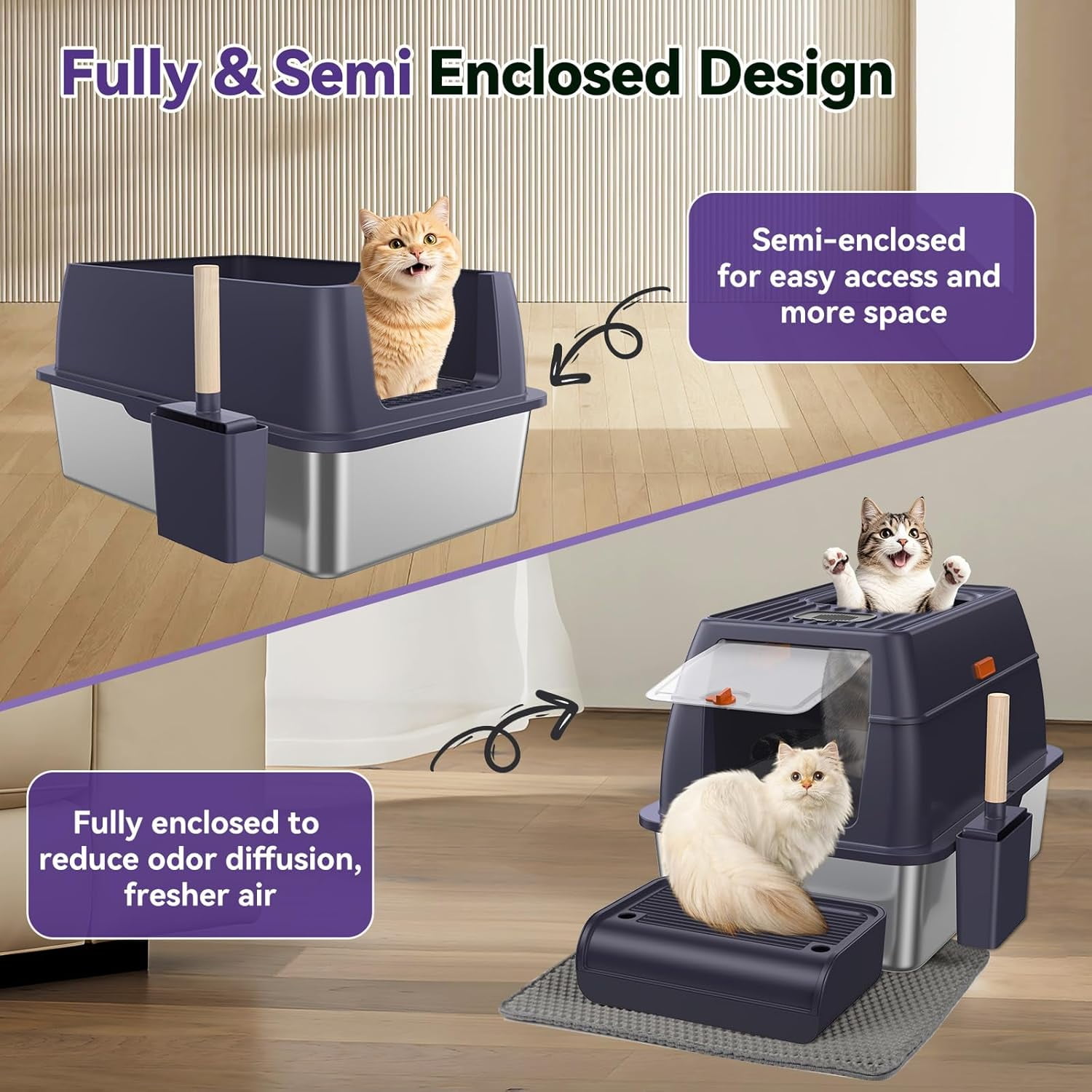 Stainless Steel Cat Litter Box with Removable Lid,Free in & Out Covered Metal Litter Box,Large Enclosed Litter Box with Litter Scoop & Mat, Easy Cleaning, Odor Free,Anti-Leakage for Kitty(Purple)